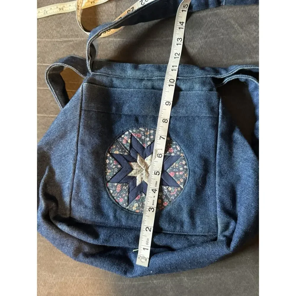 Handmade Denim Crossbody Shoulder Purse Folded Star Patchwork Floral Calico OOAK